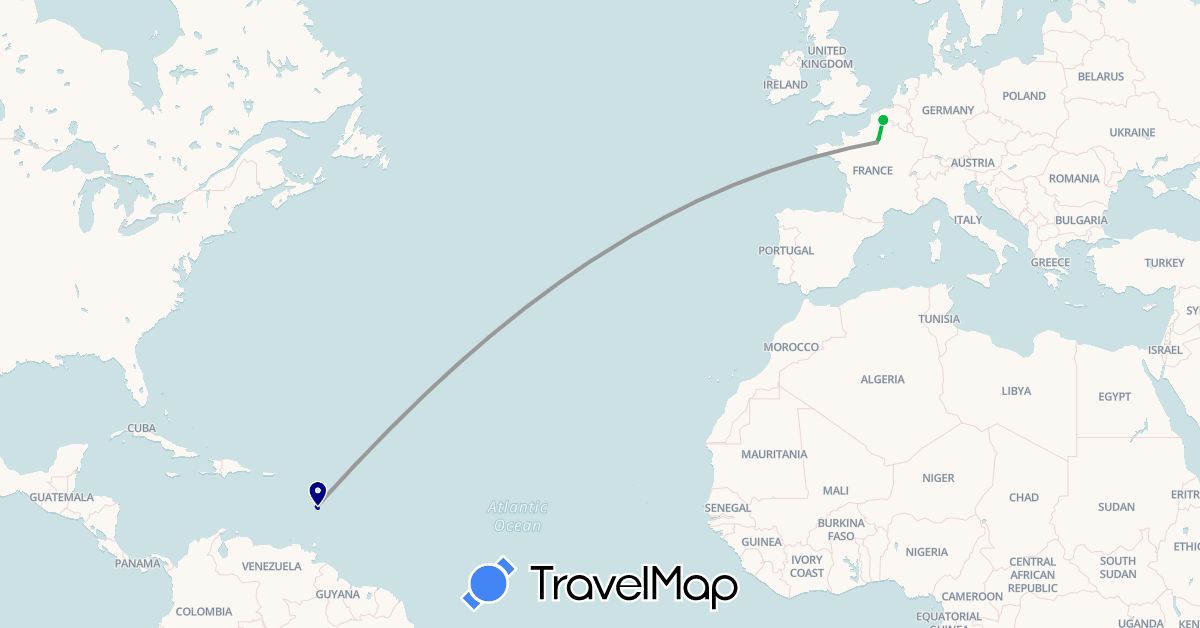 TravelMap itinerary: driving, bus, plane, train in France, Martinique (Europe, North America)